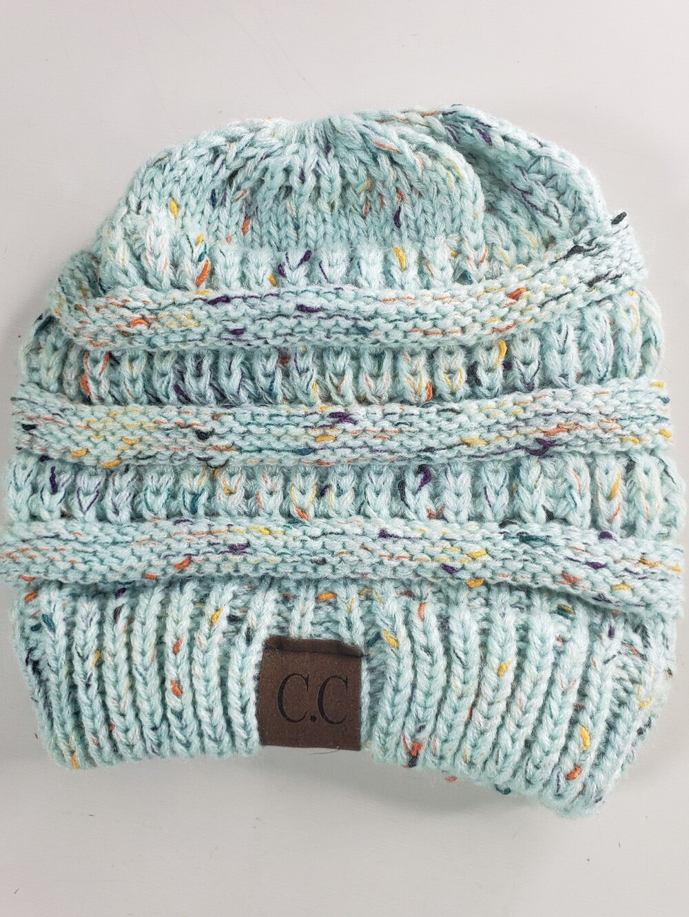 C.C Skully Thick Warm Cable Knit Pony Hole #33 Cap Beanie Confetti Mint OS
